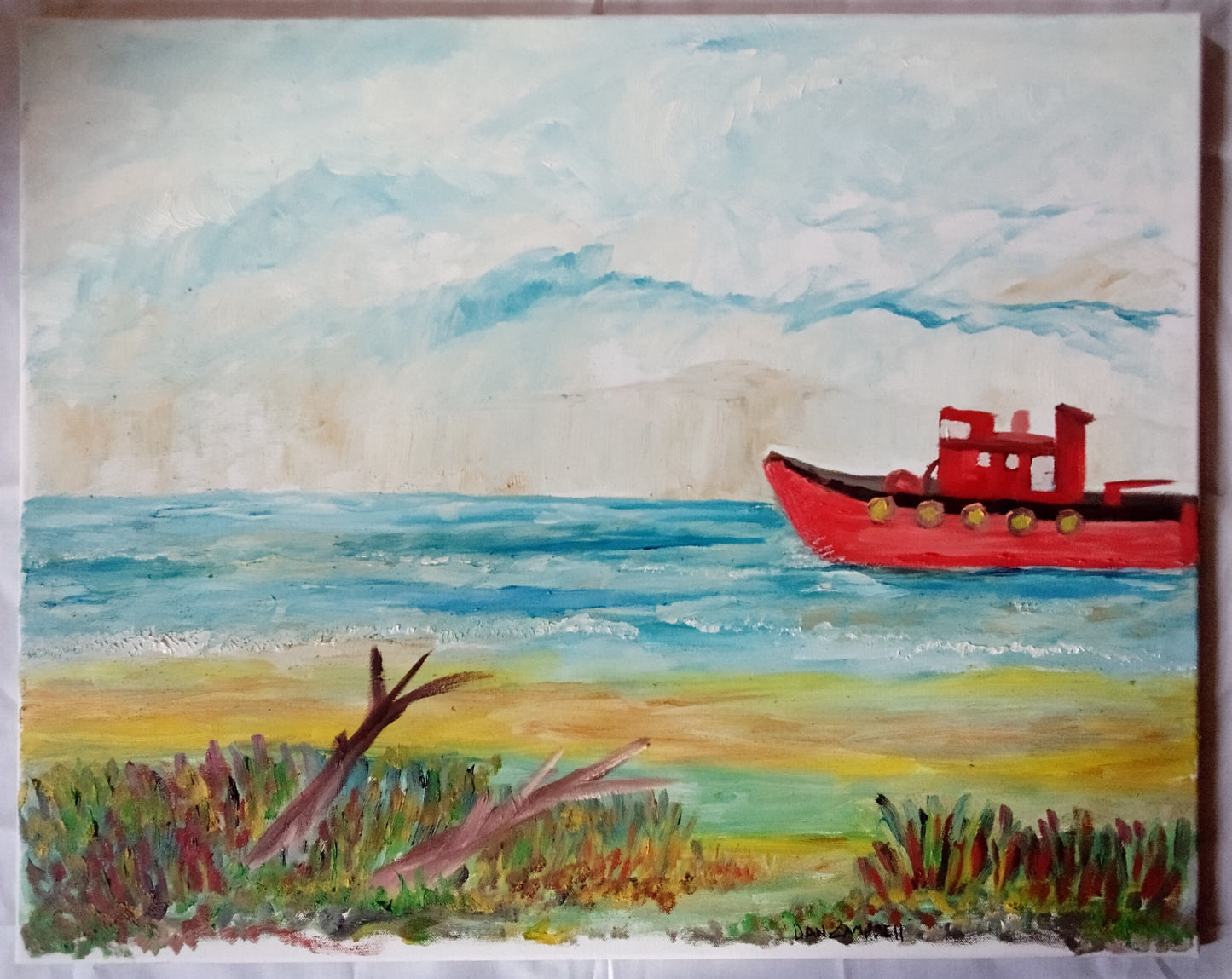 Hand made Oil Painting - Red Boat